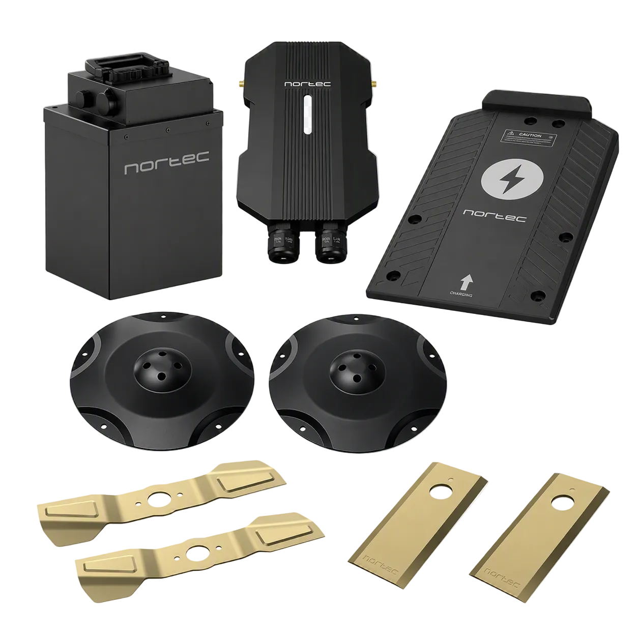 Nortec Explore X1 + Cut25 Lawn Mower components including battery, cutting discs and charger