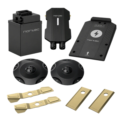Nortec Explore X1 + Cut25 Lawn Mower components including battery, cutting discs and charger